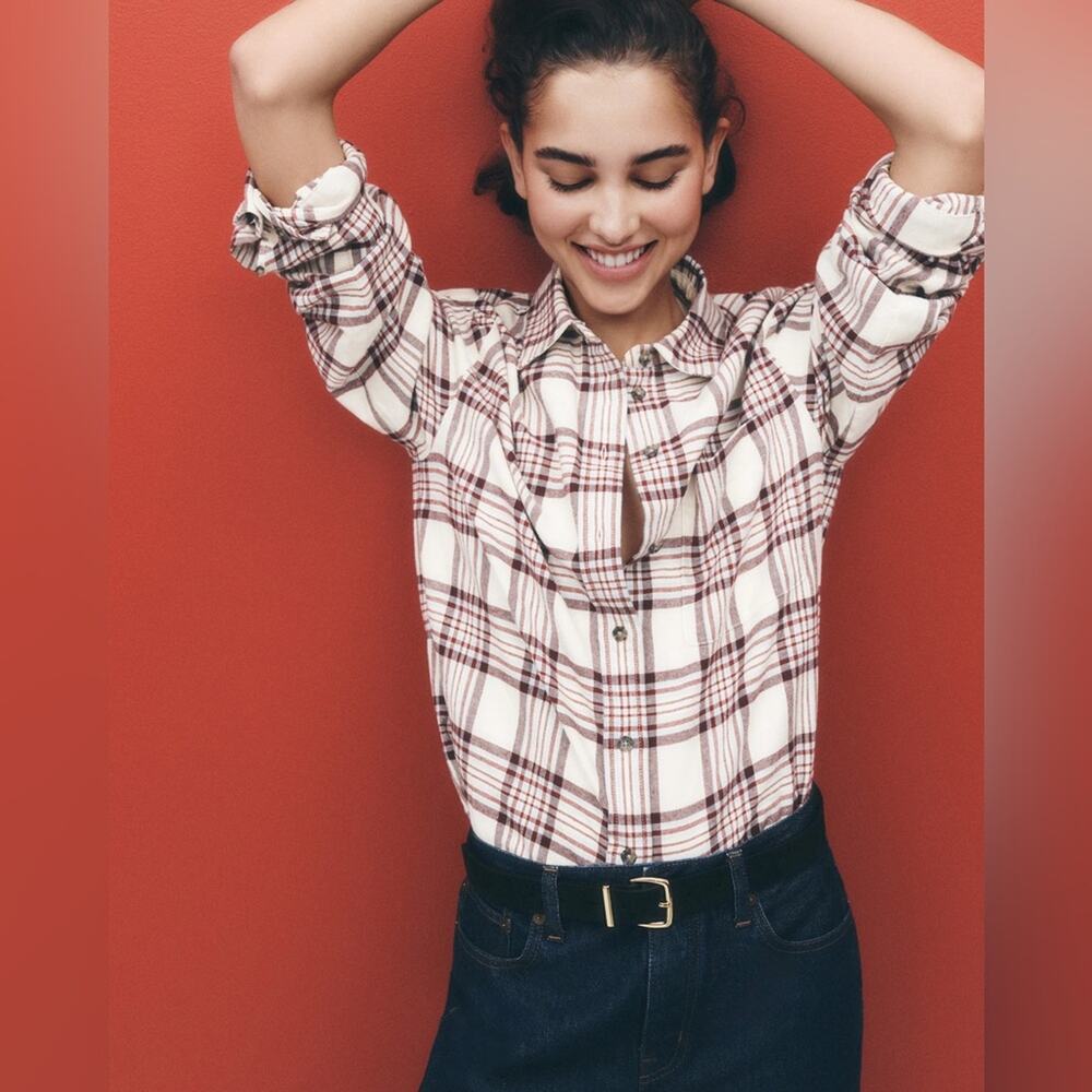 Madewell Women Shirt Flannel Relaxed Straight-Hem Button-Up Plaid Oversized‎ XS